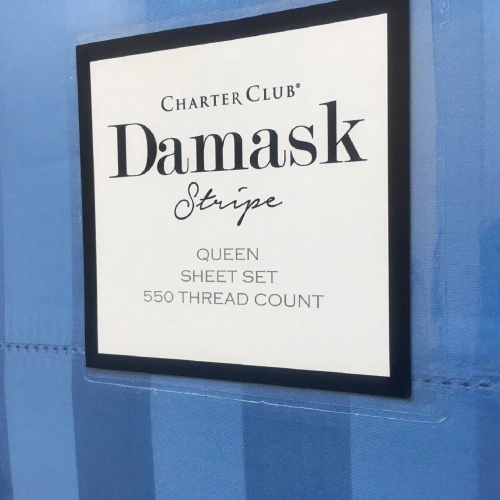 new CORNFLOWER BLUE STRIPE Charter Club Damask 550TC 100% Cotton QUEEN Sheet Set